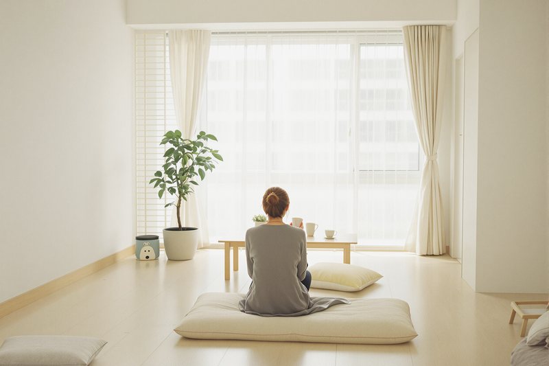 物を減らした部屋でお茶を飲む女性