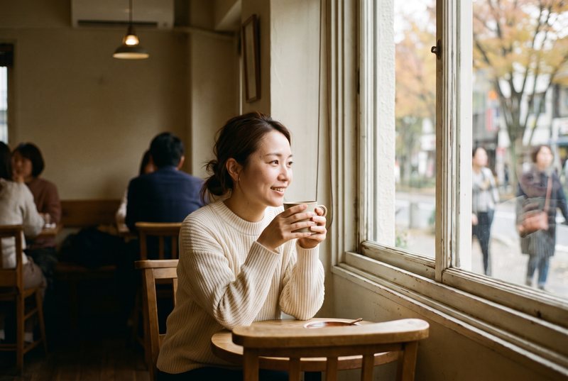 カフェの窓辺でほほえむ女性