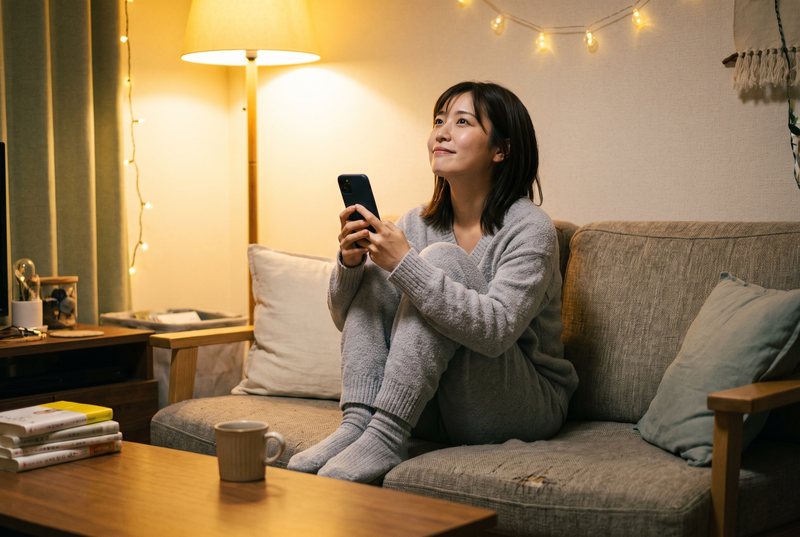 家でスマホを見ながら考える女性