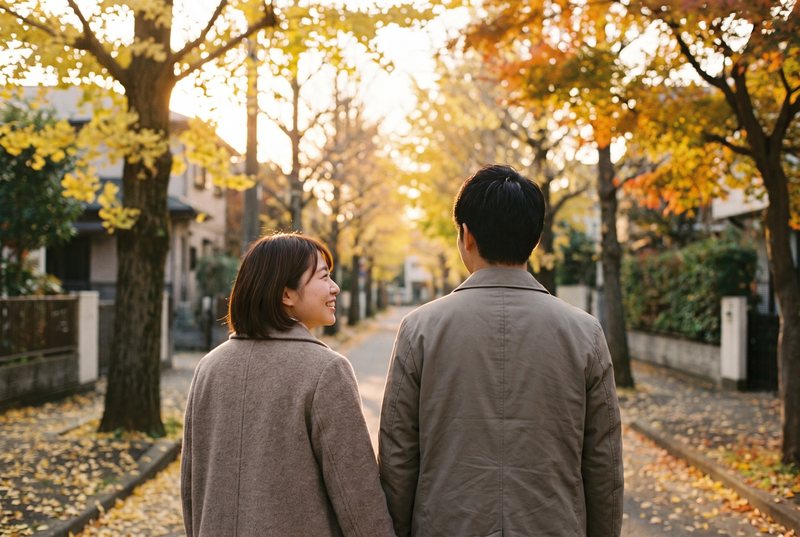 秋の並木道を、並んで歩く二人の後ろ姿