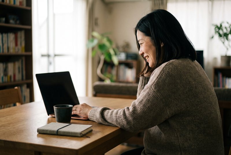 家のテーブルで、パソコン越しに相談してほほえむ妊娠中の女性