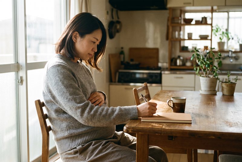 家のテーブルでノートに向かう、妊娠中の女性