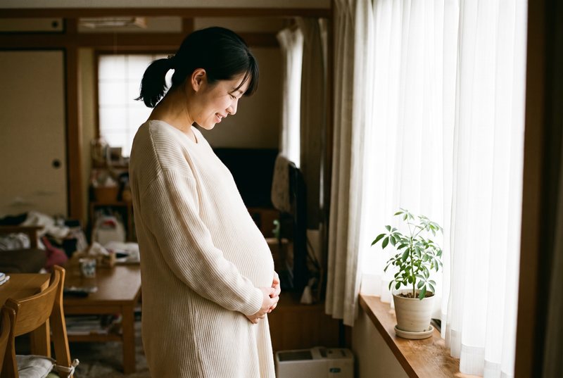 窓辺でお腹に手を当てる妊娠中の女性